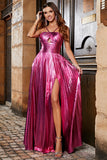 Golden A-Line Spaghetti Straps Pleated Sparkly Prom Dress with Slit