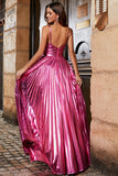Golden A-Line Spaghetti Straps Pleated Sparkly Prom Dress with Slit
