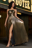 Golden A-Line Spaghetti Straps Pleated Sparkly Prom Dress with Slit