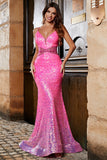 Hot Pink Glitter Mermaid Prom Dress with Beading Waist
