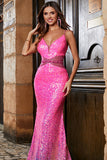 Hot Pink Glitter Mermaid Prom Dress with Beading Waist