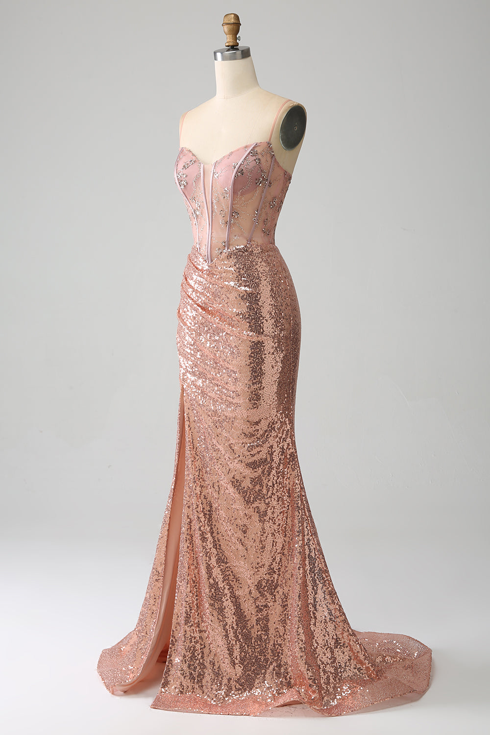 Rose Gold Mermaid Beaded Sequin Corset Prom Dress With Slit