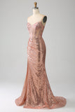 Rose Gold Mermaid Beaded Sequin Corset Prom Dress With Slit
