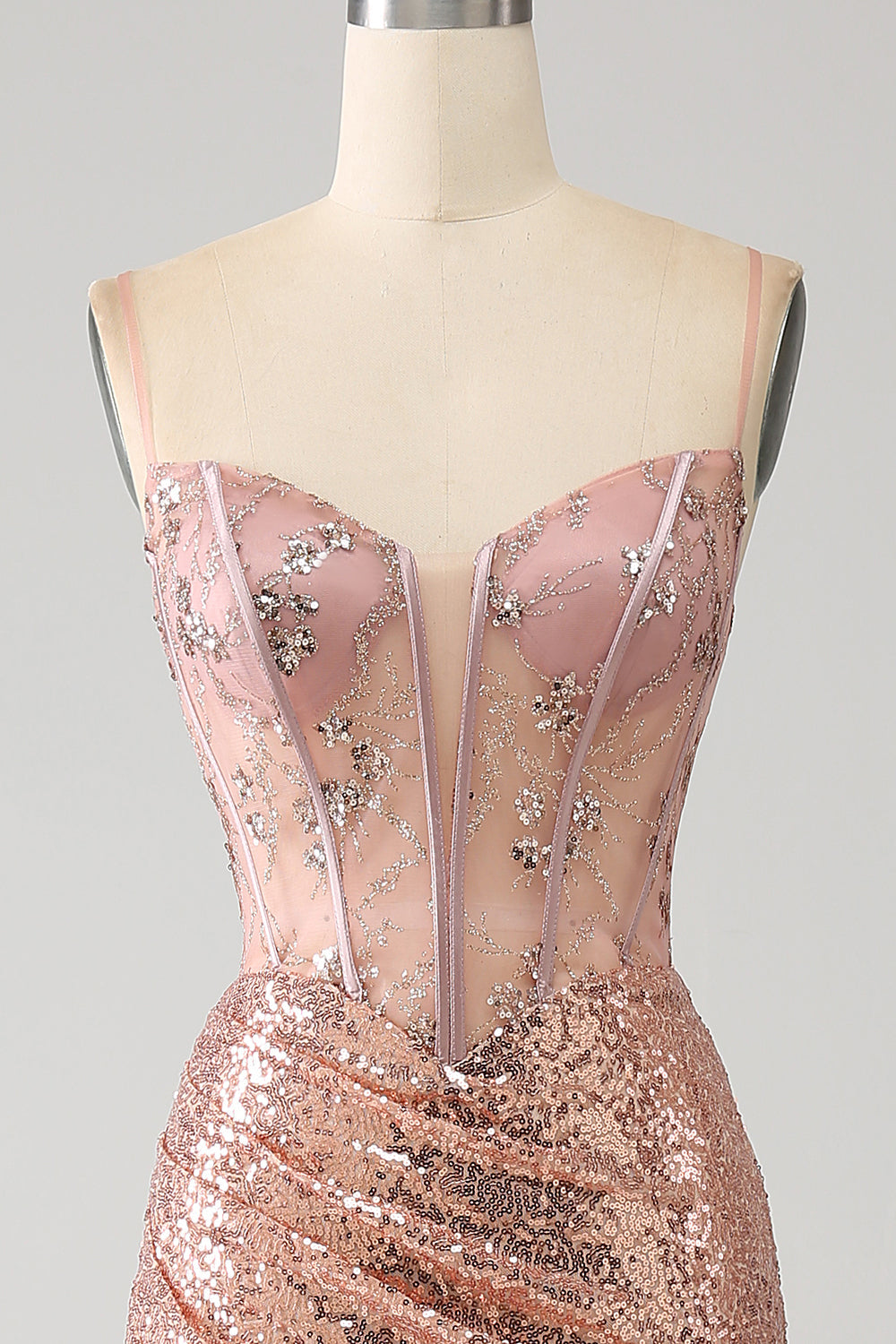 Rose Gold Mermaid Beaded Sequin Corset Prom Dress With Slit