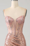 Rose Gold Mermaid Beaded Sequin Corset Prom Dress With Slit