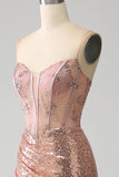 Rose Gold Mermaid Beaded Sequin Corset Prom Dress With Slit