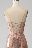 Rose Gold Mermaid Beaded Sequin Corset Prom Dress With Slit