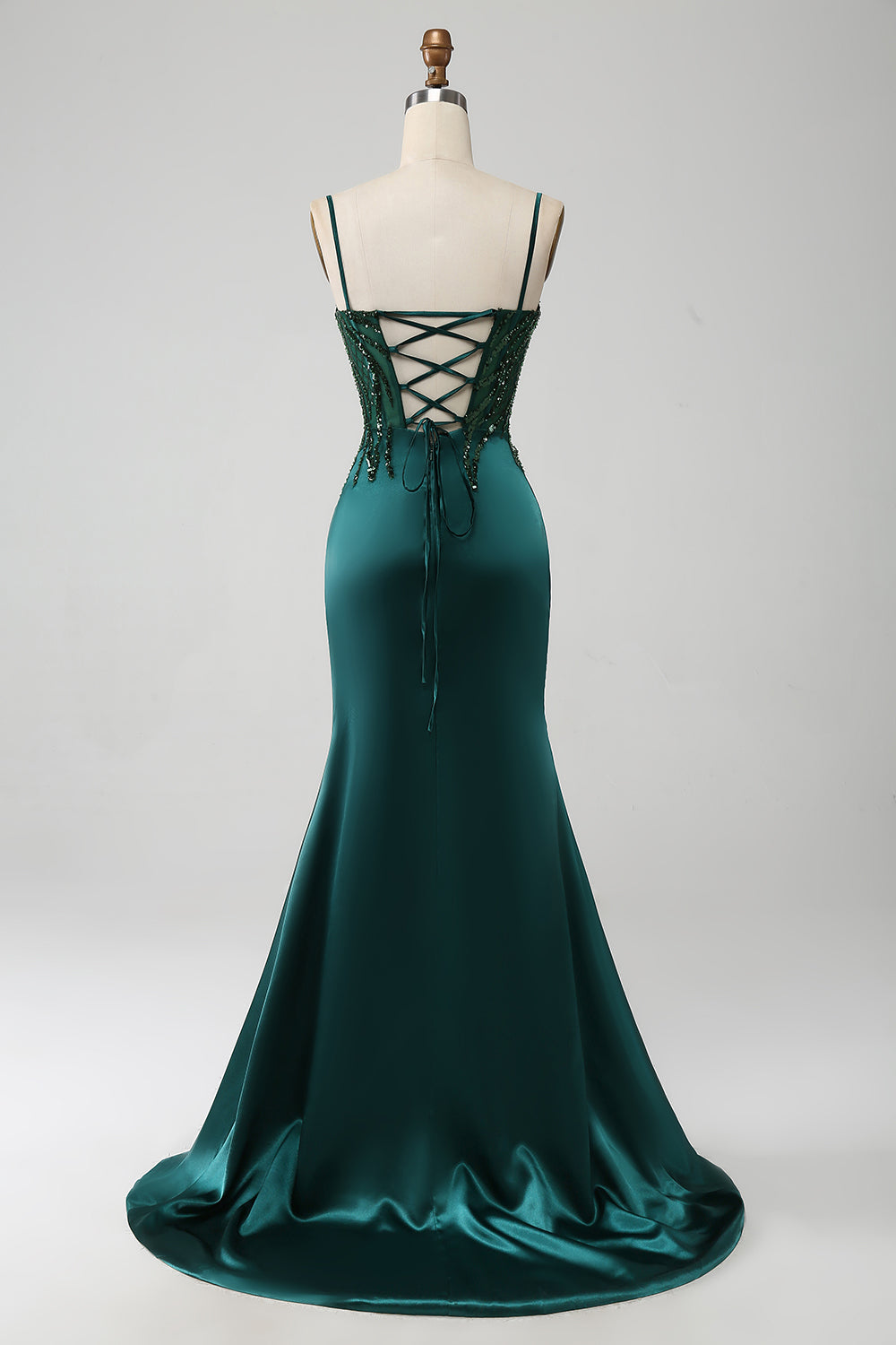 Dark Green Mermaid Sequin Pleated Corset Prom Dress With Slit