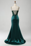 Dark Green Mermaid Sequin Pleated Corset Prom Dress With Slit