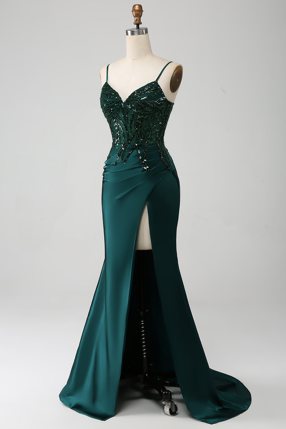 Dark Green Mermaid Sequin Pleated Corset Prom Dress With Slit