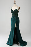 Dark Green Mermaid Sequin Pleated Corset Prom Dress With Slit