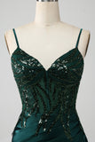 Dark Green Mermaid Sequin Pleated Corset Prom Dress With Slit