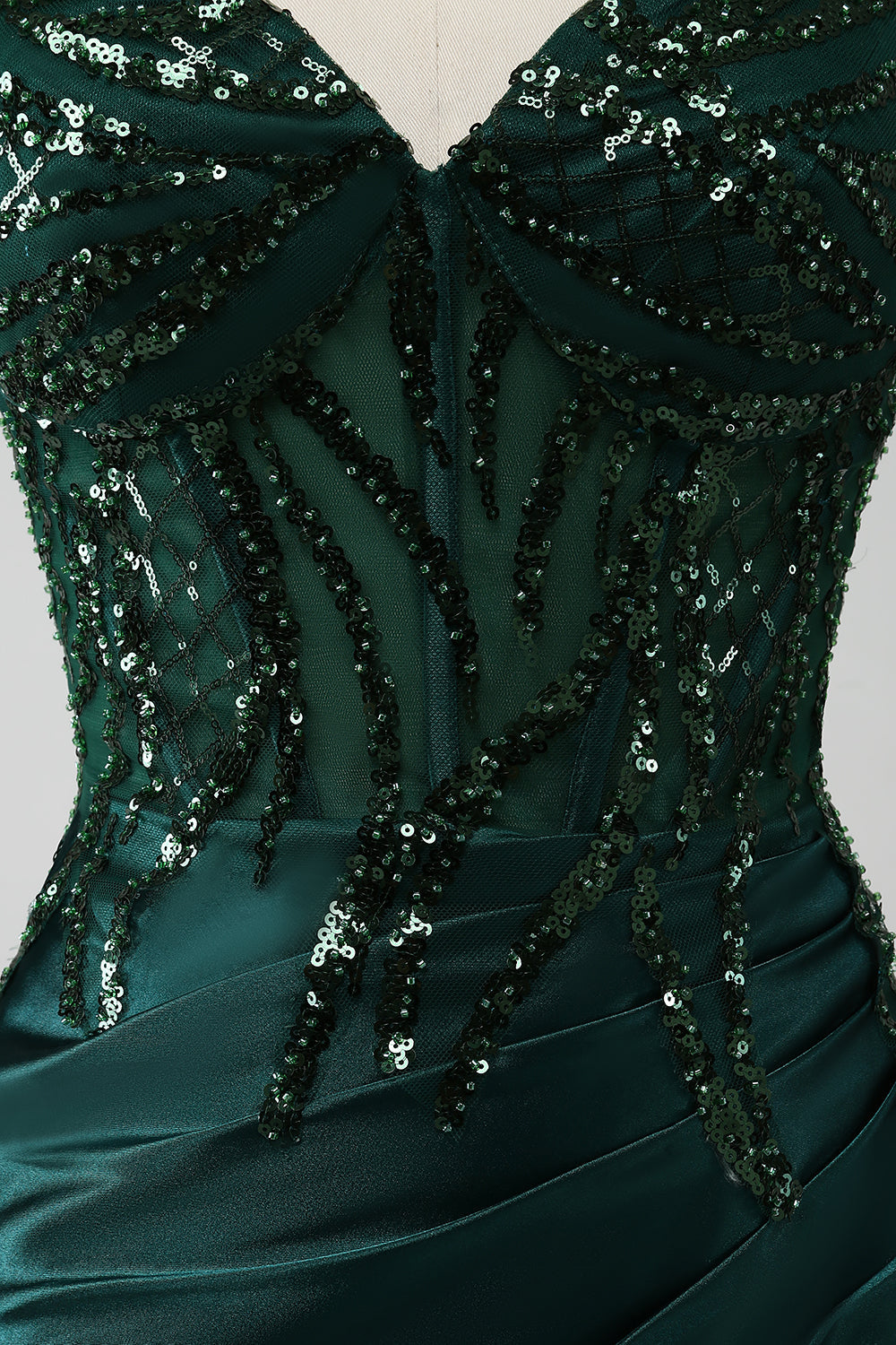 Dark Green Mermaid Sequin Pleated Corset Prom Dress With Slit