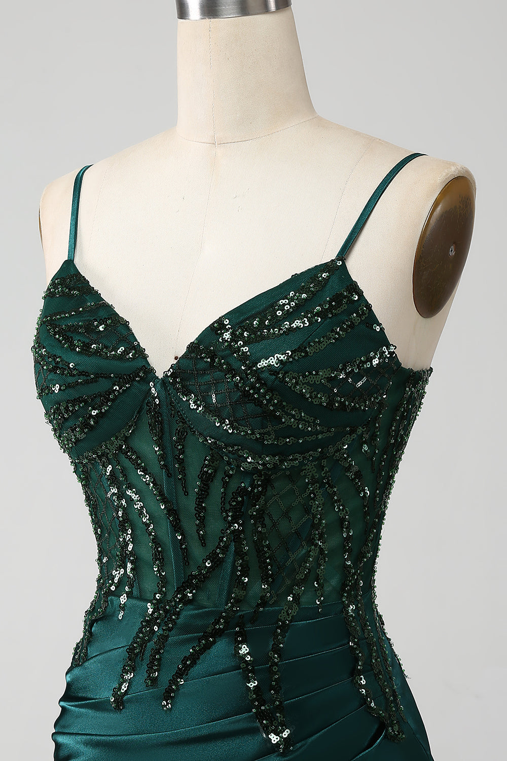 Dark Green Mermaid Sequin Pleated Corset Prom Dress With Slit