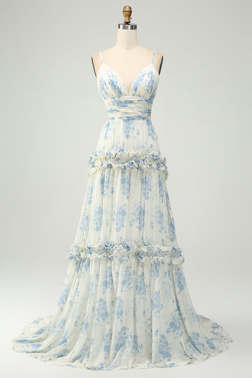 White Blue Flower A Line Tulle Maxi Dress with Ruffles