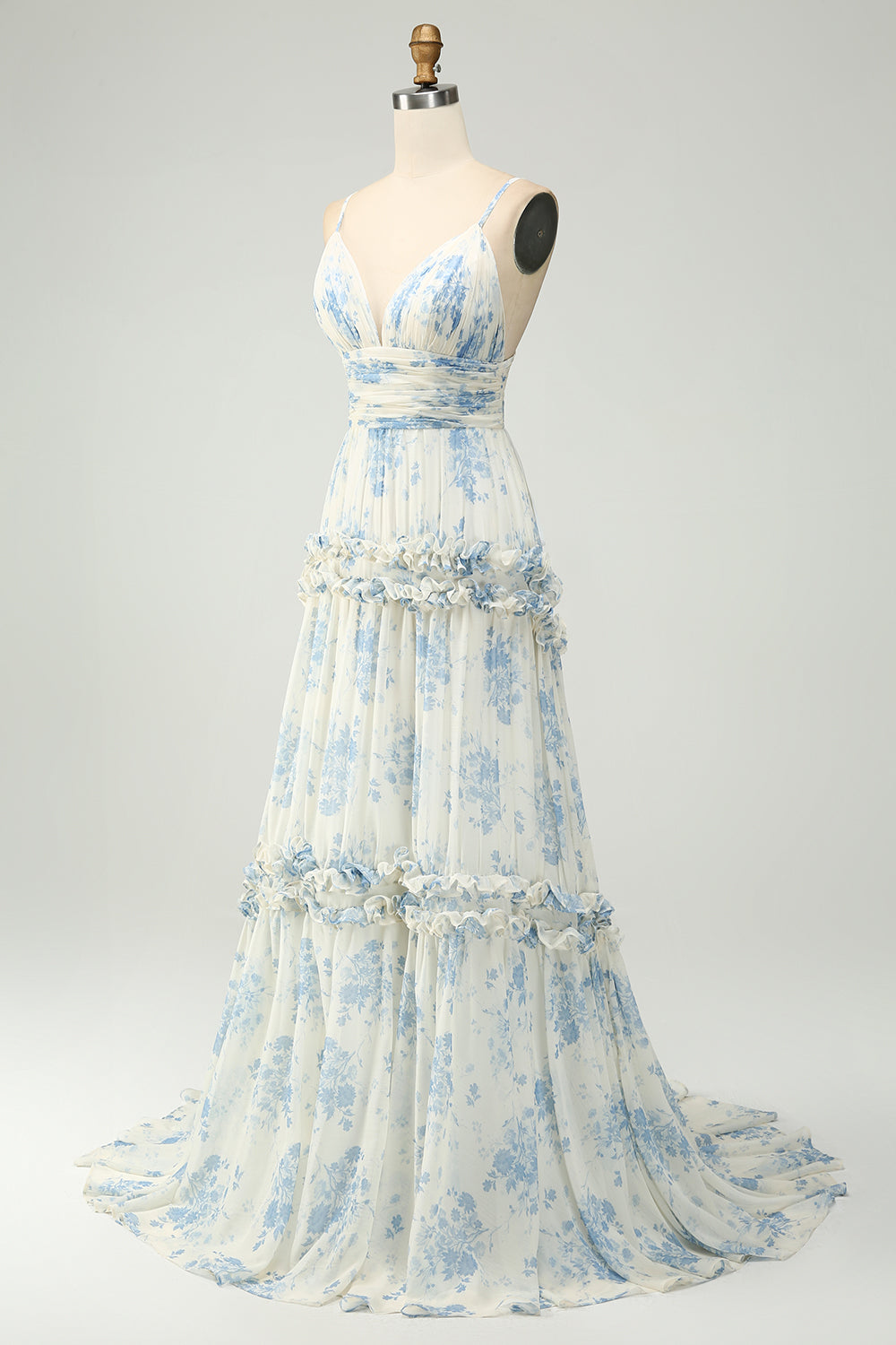 White Blue Flower A Line Tulle Maxi Dress with Ruffles