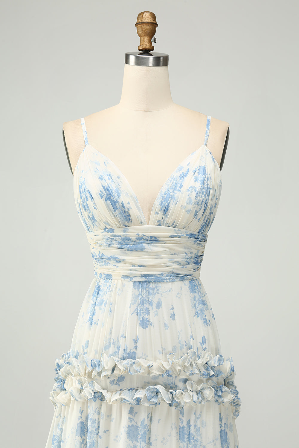 White Blue Flower A Line Tulle Maxi Dress with Ruffles