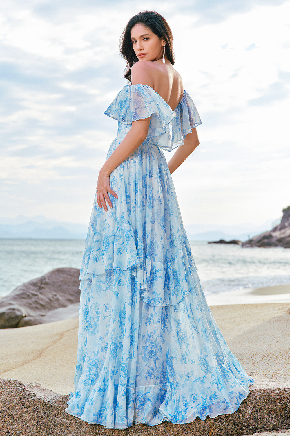 White Blue Flower A-Line Off The Shoulder Chiffon Tiered Long Bridesmaid Dress