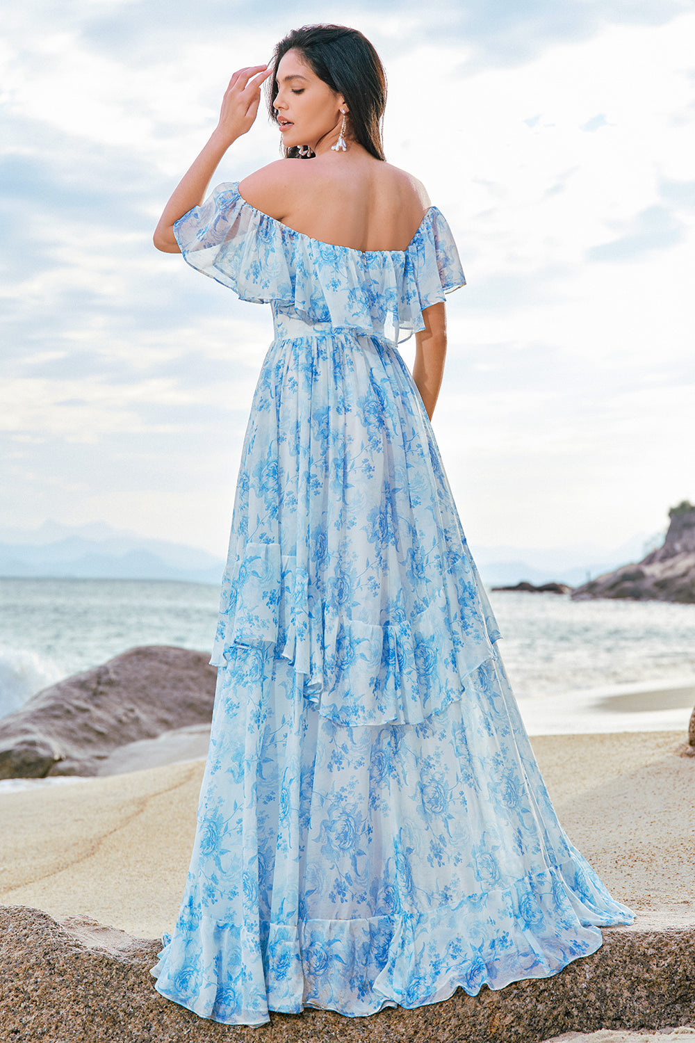 White Blue Flower A-Line Off The Shoulder Chiffon Tiered Long Bridesmaid Dress