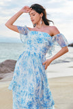 White Blue Flower A-Line Off The Shoulder Chiffon Tiered Long Bridesmaid Dress