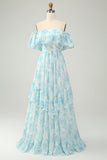 White Blue Floral A Line Off The Shoulder Boho Maxi Dress with Ruffles