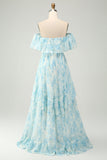 White Blue Floral A Line Off The Shoulder Boho Maxi Dress with Ruffles