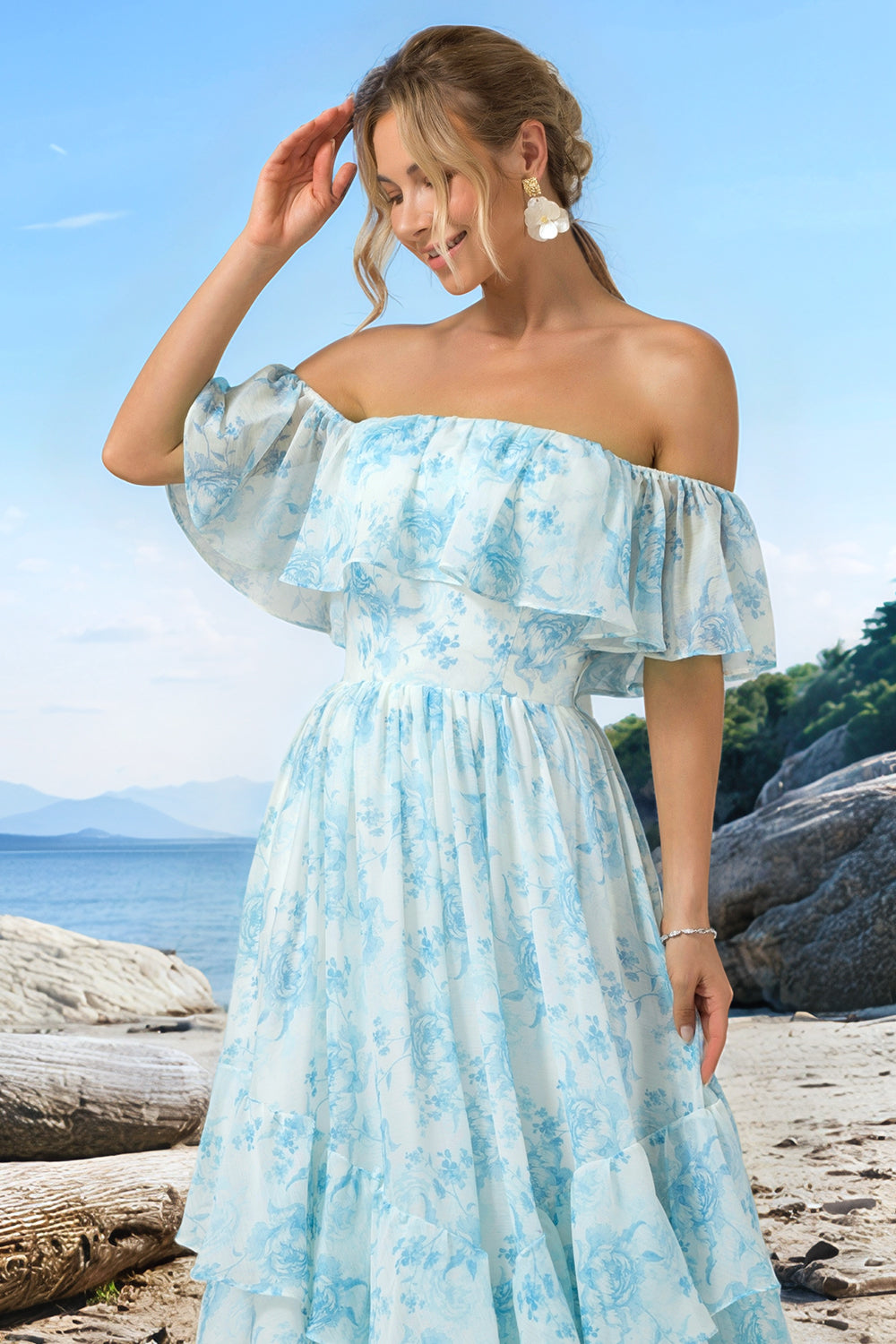 A Line Off The Shoulder White Blue Floral Tiered Long Bridesmaid Dress