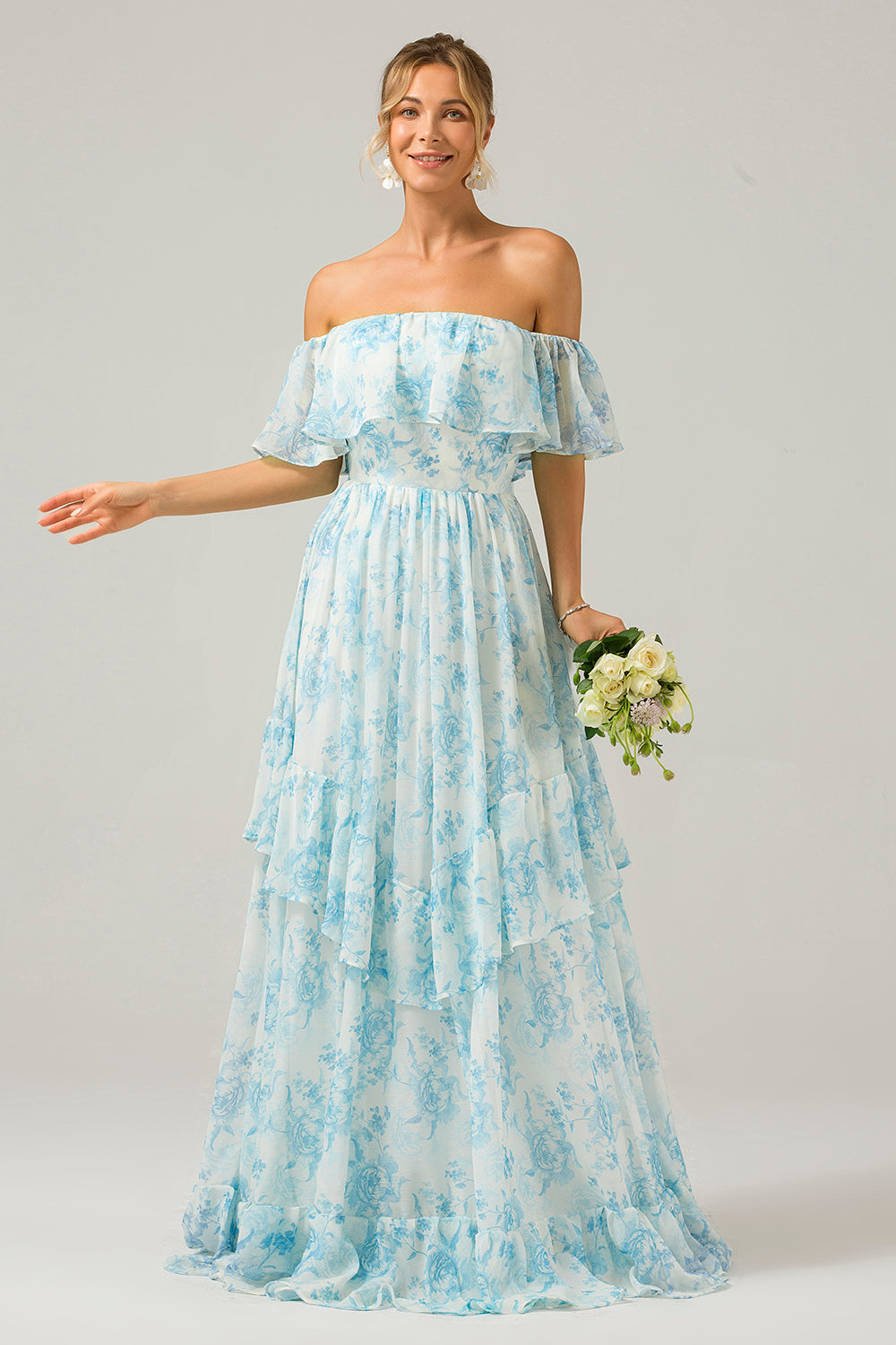 White Blue Floral A Line Off The Shoulder Boho Maxi Dress with Ruffles