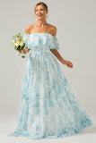 White Blue Floral A Line Off The Shoulder Boho Maxi Dress with Ruffles