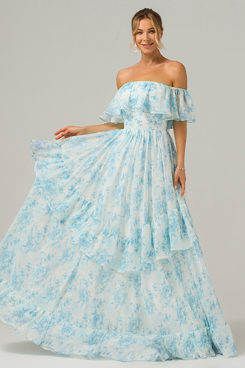 White Blue Floral A Line Off The Shoulder Boho Maxi Dress with Ruffles