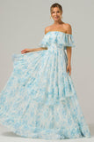 White Blue Floral A Line Off The Shoulder Boho Maxi Dress with Ruffles