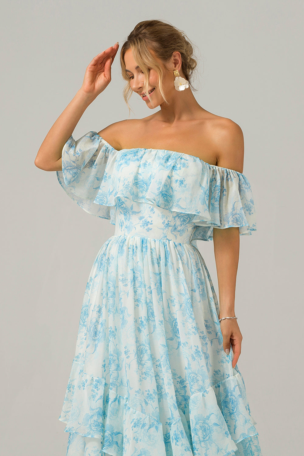 White Blue Floral A Line Off The Shoulder Boho Maxi Dress with Ruffles