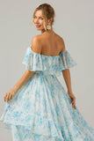 White Blue Floral A Line Off The Shoulder Boho Maxi Dress with Ruffles
