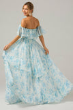 White Blue Floral A Line Off The Shoulder Boho Maxi Dress with Ruffles