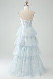 Light Blue A Line Tiered Corset Ruffled Prom Dress With Slit