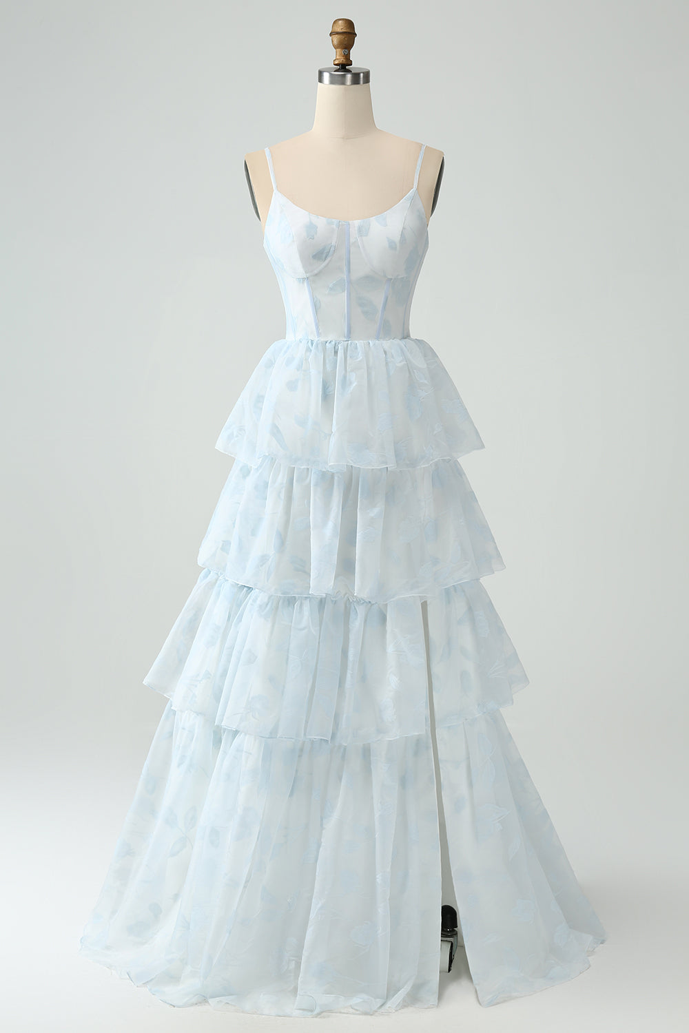 Light Blue A Line Tiered Corset Ruffled Prom Dress With Slit