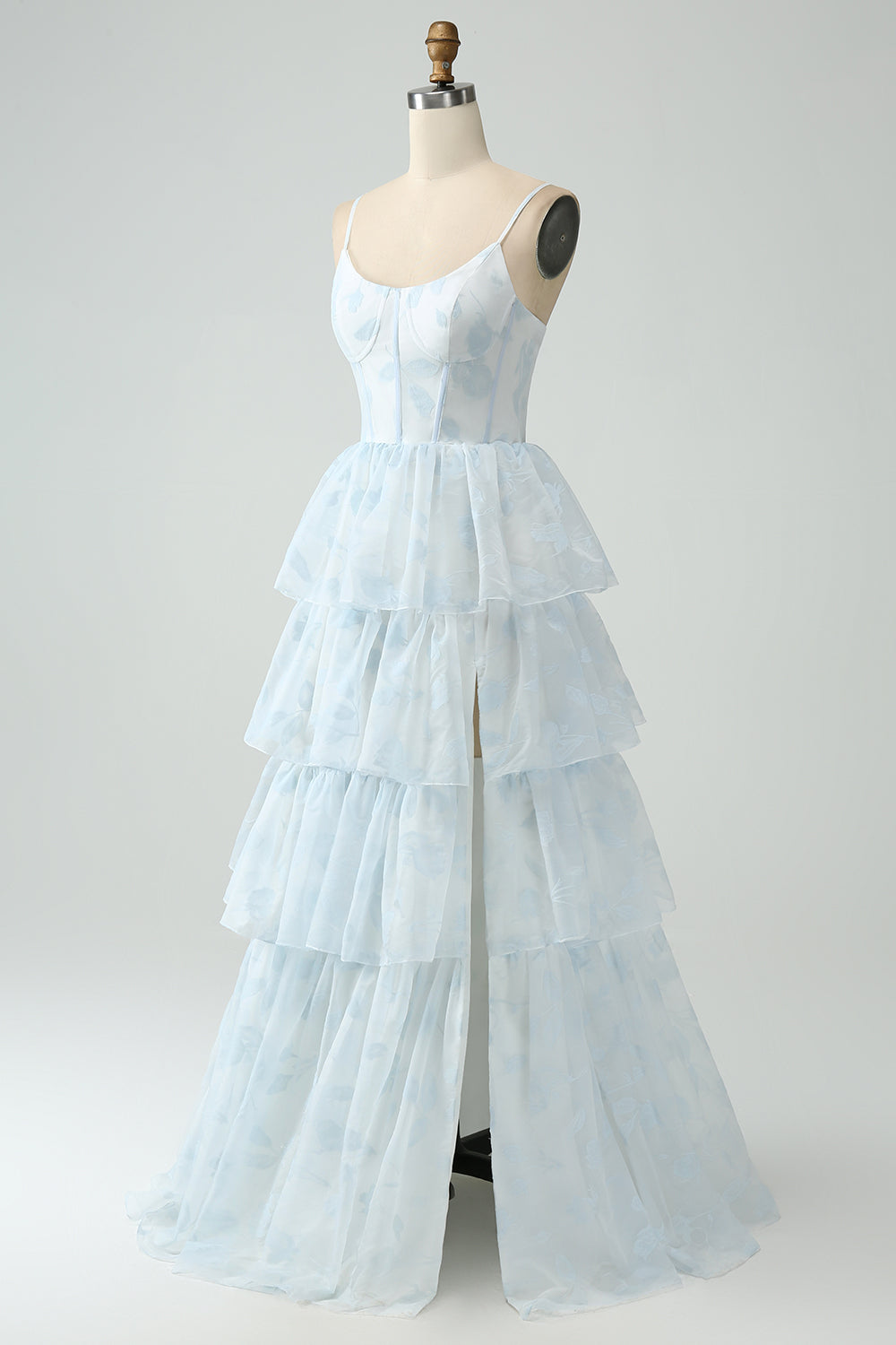 Light Blue A Line Tiered Corset Ruffled Prom Dress With Slit