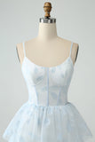 Light Blue A Line Tiered Corset Ruffled Prom Dress With Slit