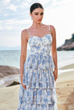 White Purple Flower A-Line Spaghetti Straps Tiered Corset Long Bridesmaid Dress