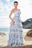 White Purple Flower A-Line Spaghetti Straps Tiered Corset Long Bridesmaid Dress