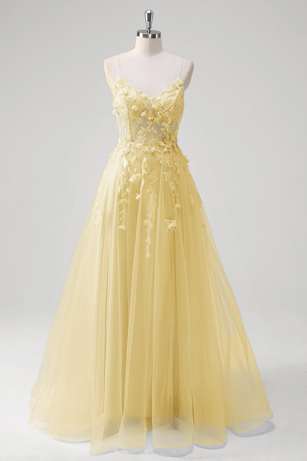 Blue A Line Spaghetti Straps Appliqued Corset Tulle Long Prom Dress