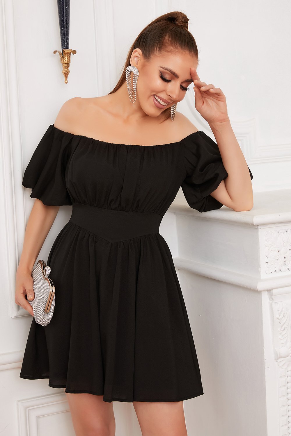 Off the Shoulder A Line Little Black Dress