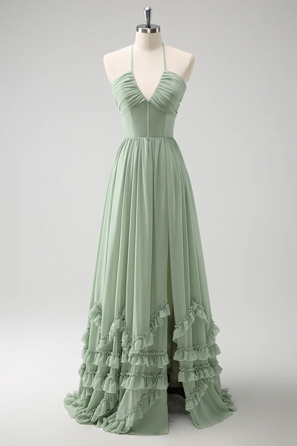 Dusty Sage Halter A-Line Corset Chiffon Maxi Bridesmaid Dress with Slit