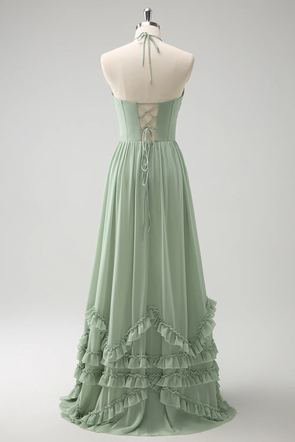 Dusty Sage Halter A-Line Corset Chiffon Maxi Bridesmaid Dress with Slit