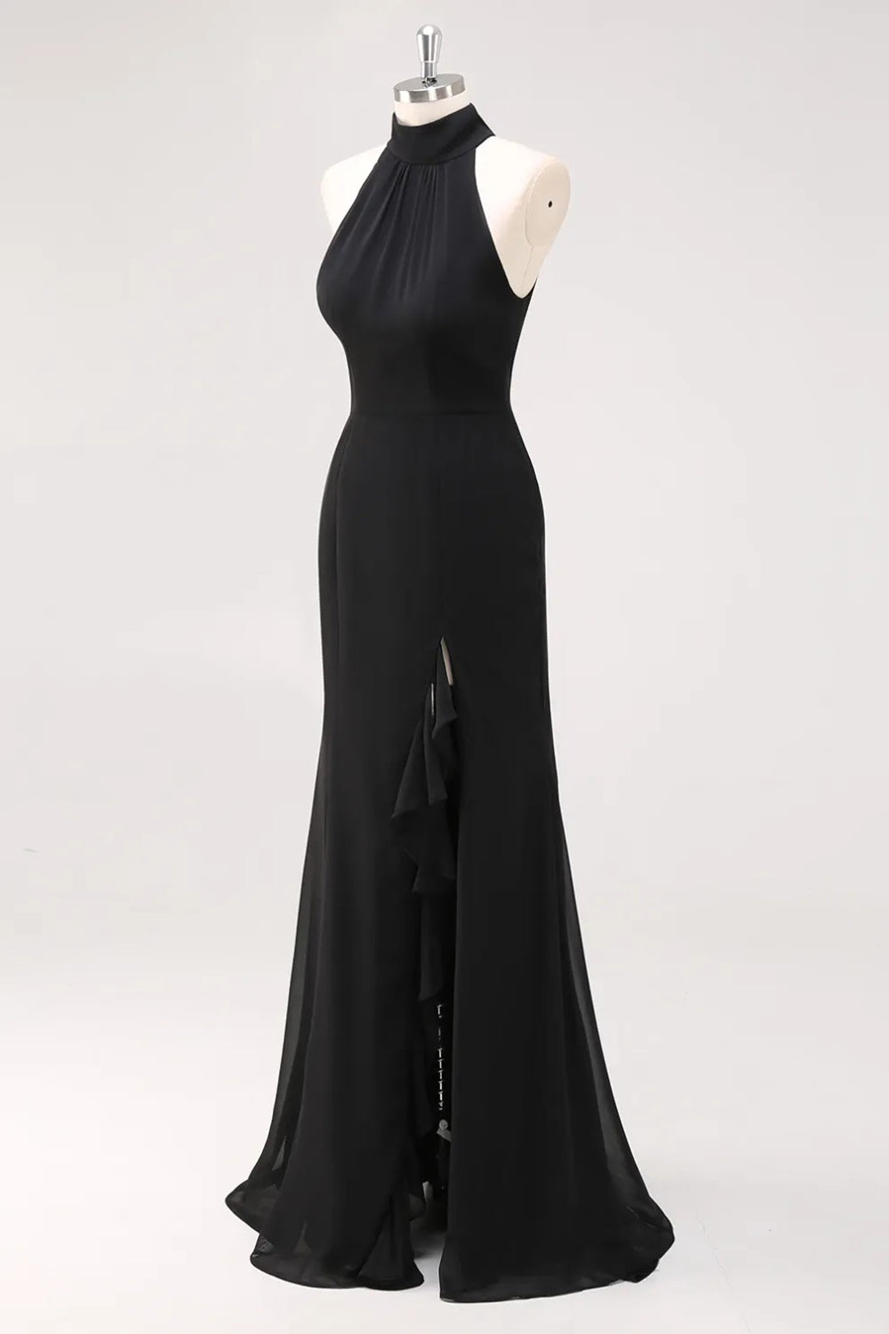 Halter Neck Ruffles Mermaid Black Maxi Formal Dress with Slit