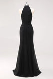 Halter Neck Black Ruffles Mermaid Long Formal Dress with Slit