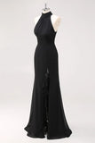 Halter Neck Ruffles Mermaid Black Maxi Formal Dress with Slit