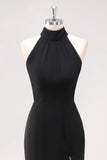 Halter Neck Ruffles Mermaid Black Maxi Formal Dress with Slit