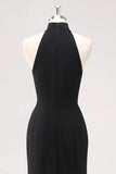 Halter Neck Ruffles Mermaid Black Maxi Formal Dress with Slit
