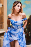 White Blue Floral Off the Shoulder A-Line Long Prom Dress with Slit